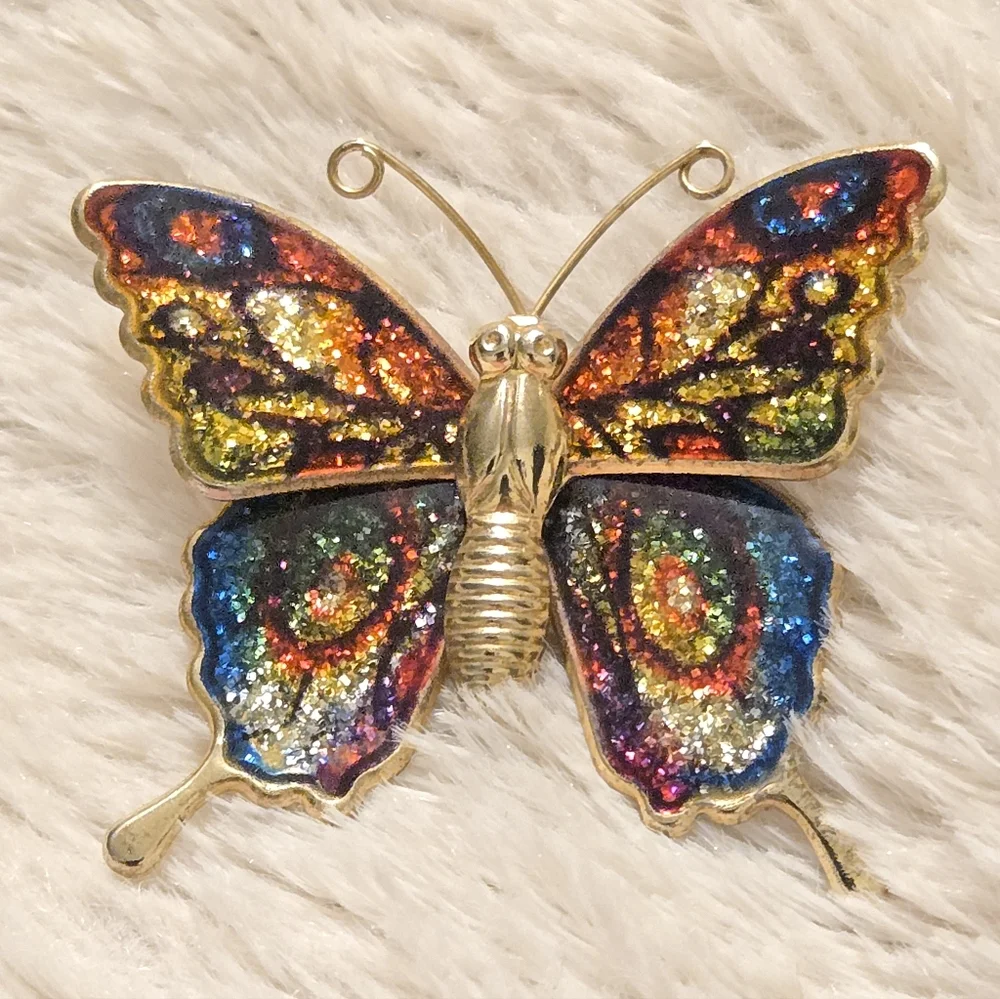Whimsigoth Fairycore Glitter Enamel Butterfly Gold Tone‎ Statement Brooch